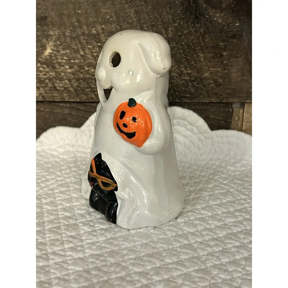 Vtg Kmart Halloween White Ghost JackOLantern & Black Cat Candle Holder‎